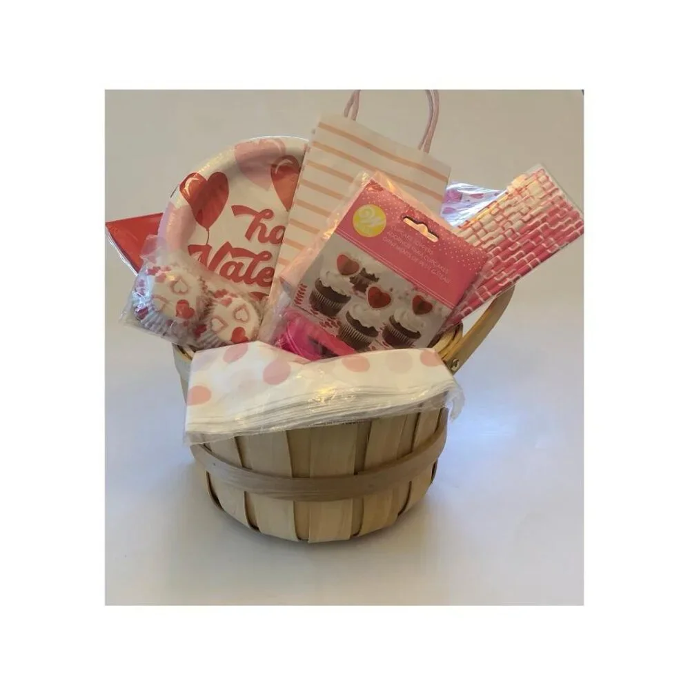 Supplies for a Make your own, Valentine's Day Gift Basket, (#2) Pink, White, Red